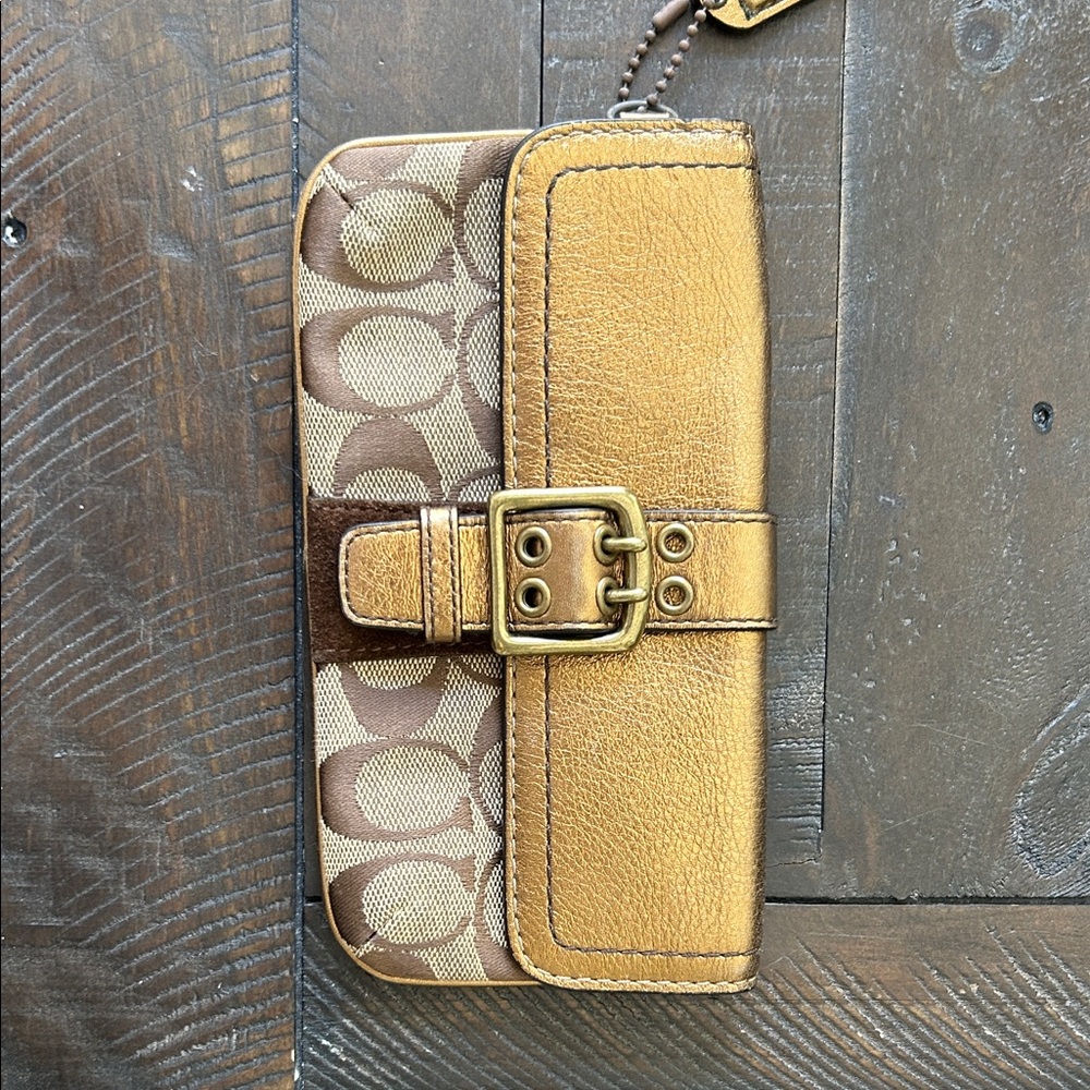 Coach Metallic Gold and Brown Leather Signature Buckle Wallet/Clutch Like New